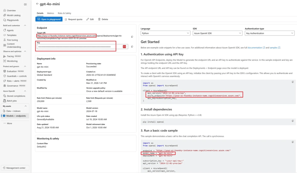 Screenshot: gpt-4o-mini model detail page showing endpoint URL and API key location