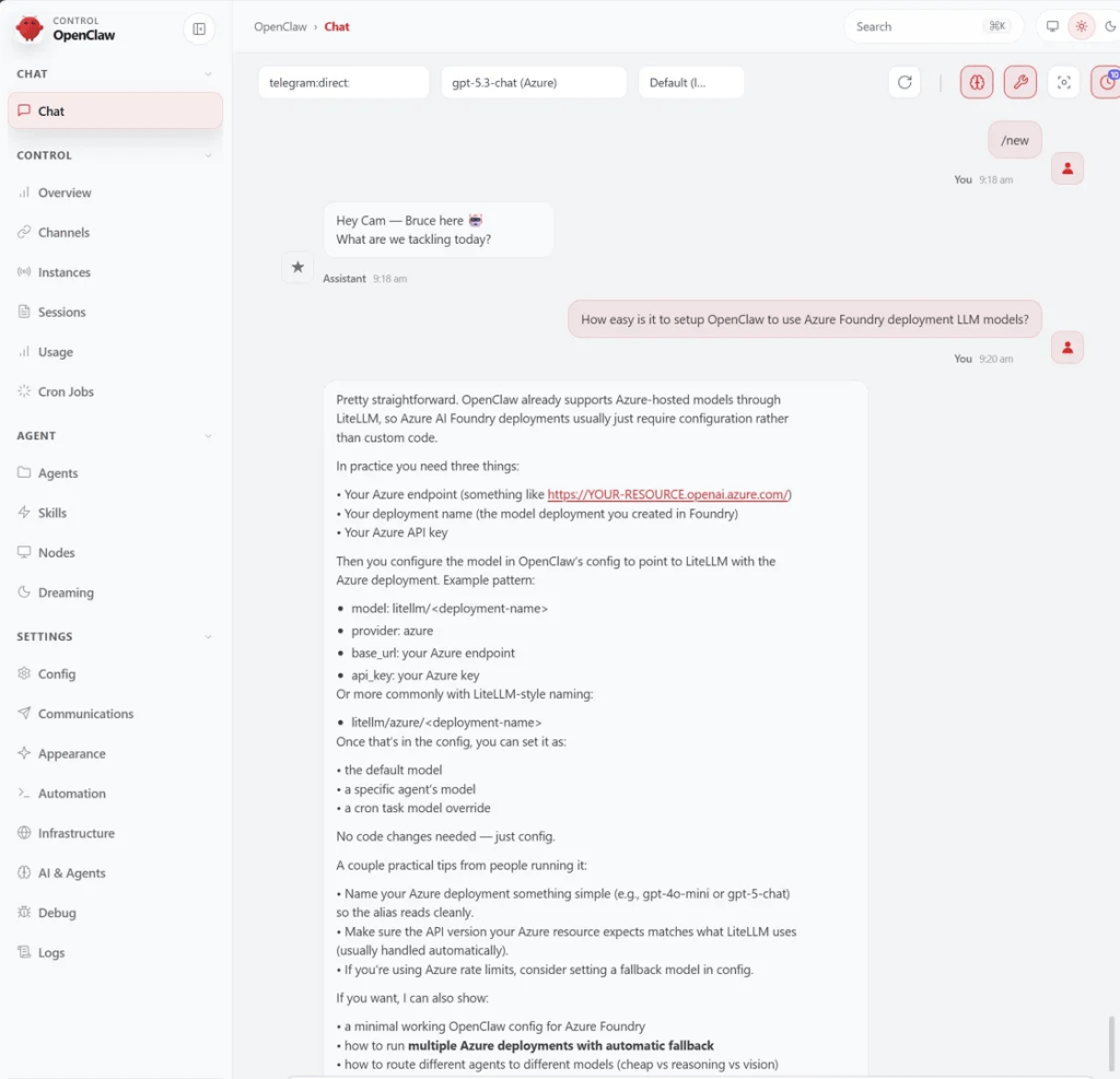 Screenshot: OpenClaw chat showing gpt-5.3-chat (Azure) responding with setup instructions